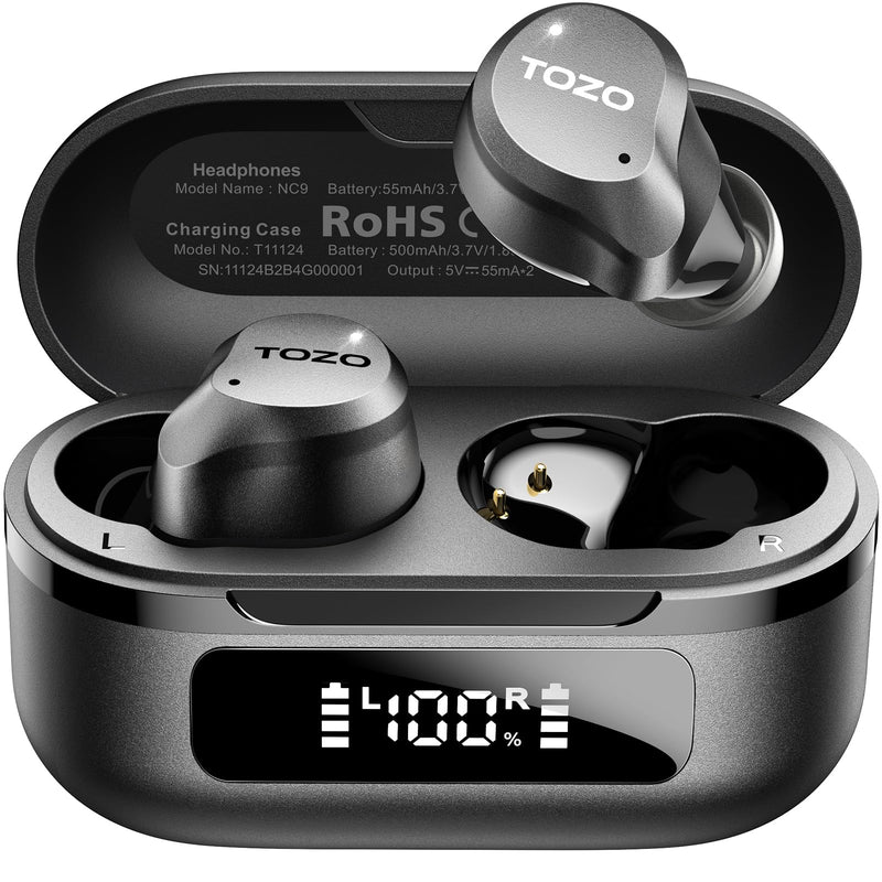 TOZO NC9 Hybrid Active Noise Cancelling Wireless Earbuds, 60H, LED Display | 6 Mic ENC Clear Calls, Deep Bass Sound, IPX8, in Ear Bluetooth 5.3 Headphones,32 EQs via APP, Comfort Fit Ear Buds, Black Dark Black