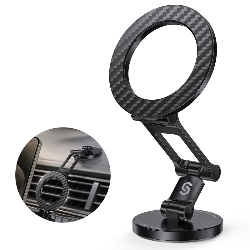 SYNCWIRE Fits MagSafe Car Mount Magnetic Phone Holder for Dash and Tesla | Strong Magnets, All Metal, Flexible 3 Axis, 360° Rotation, Dashboard and Screen Support, For iPhone 17 16 15 14 Pro Max Carbon Fiber