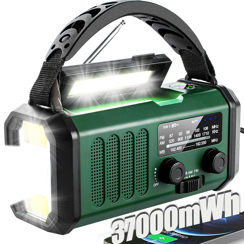 Hand Crank Emergency Radio,37000mWhSolar Powered Hand Crank Portable Radio,NOAA AM FM Weather Radio with 3Mode Flashlight and Reading Light,Cell Phone Charger,Home and Emergency Distress Signal Green