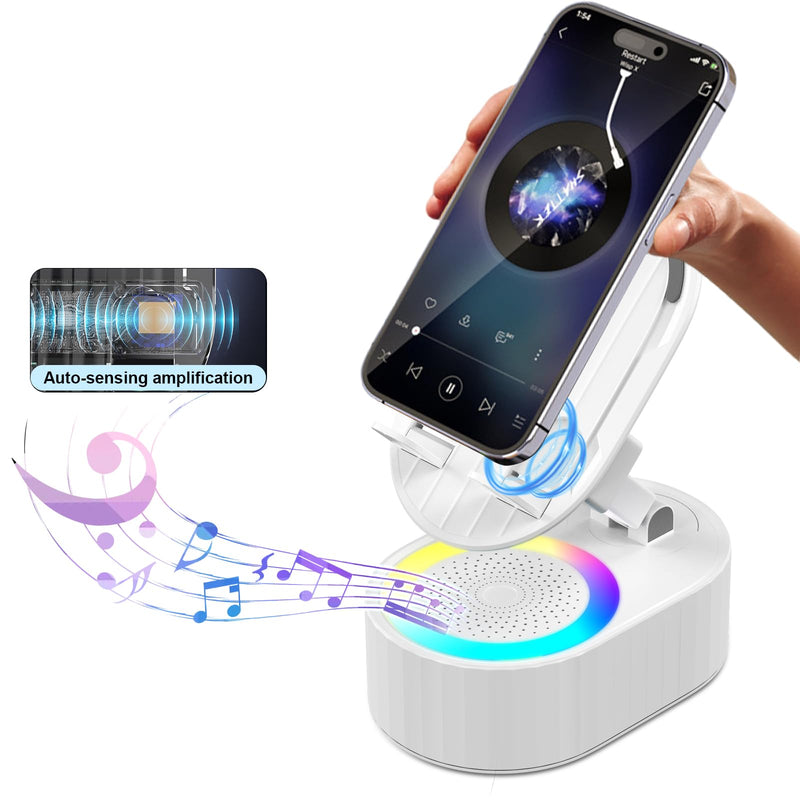 [AUSTRALIA] - Wireless Induction Audio Bluetooth Speaker 5in1 Phone Holder Emergency Rechargeable (3000mAh) with Colorful Ambient Light 300° Foldable for Tablet iPhone Android, Gifts for Men Women (White) White 