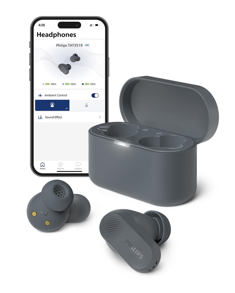Philips TAT3519 Wireless Earbuds,True Wireless Headphones with Noise Canceling Pro,Dynamic Bass,Clear Call,24 H Battery Life,Fast Charging,Bluetooth 5.3,IPX4,App/Touch Control,Black With tips T3519|Durable playtime