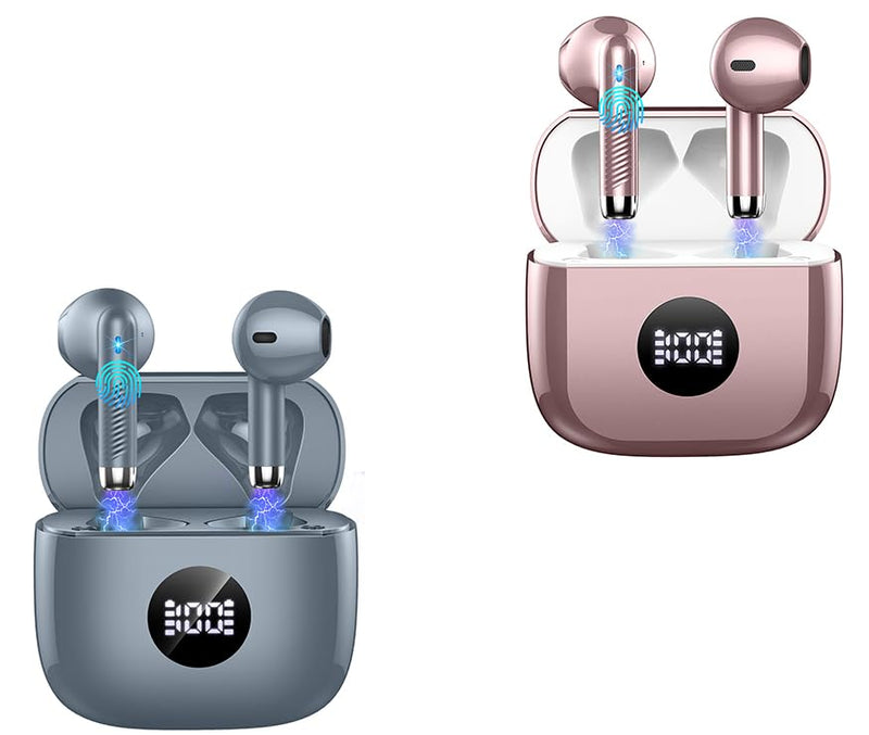 Jxrev 2 Pack Dark Grey and Rose Gold Wireless Earbuds, Wireless Earbuds, Bluetooth Ear Buds LED Power Display Headphones Bass Stereo, Bluetooth Earbuds in-Ear Noise Cancelling Mic, 40H Playback