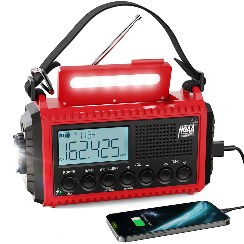 Raynic Emergency Radio, 5000mAh/18500mWh Weather Radio, Solar Hand Crank Emergency Radio with AM/FM/SW/NOAA, Cell Phone Charger, Headphone Jack, Flashlight, Type-C Charging and SOS Siren for Hurricane Red-LCD Display