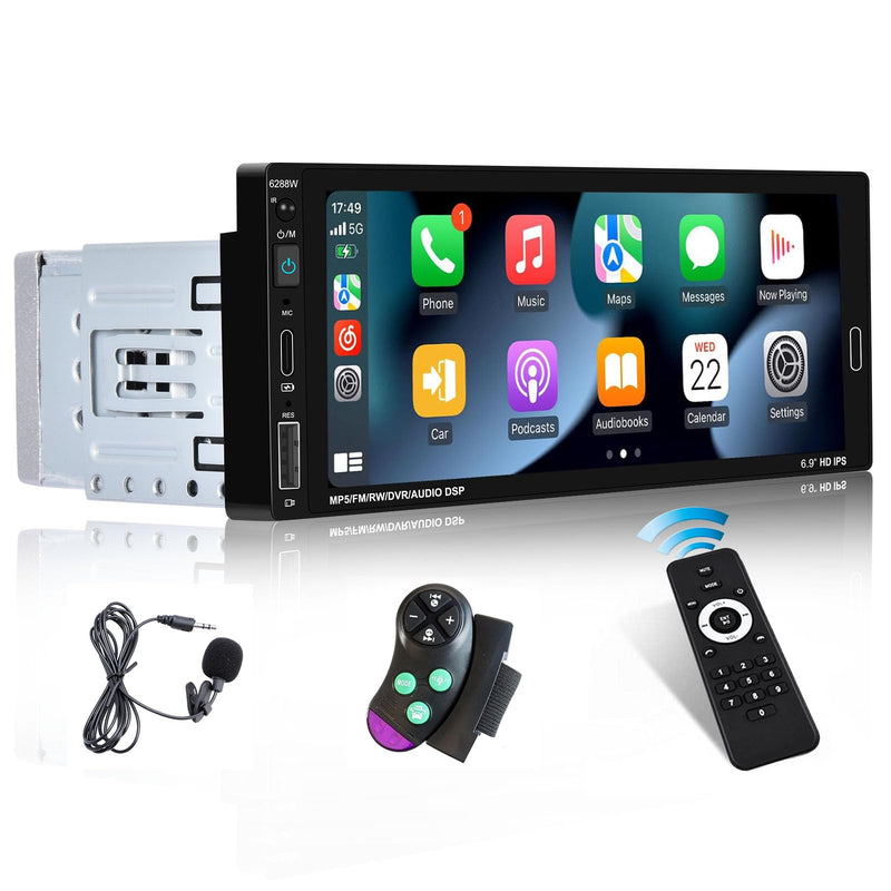[Fuluku] 6.9 Inch Single Din Car Stereo with Wireless Carplay Android Auto | Wireless Carplay Android Auto,1 Din Car Radio BT with Backup Camera, Mirror Link, FM, EQ, USB/Type-C/Aux Input, Mic, SWC