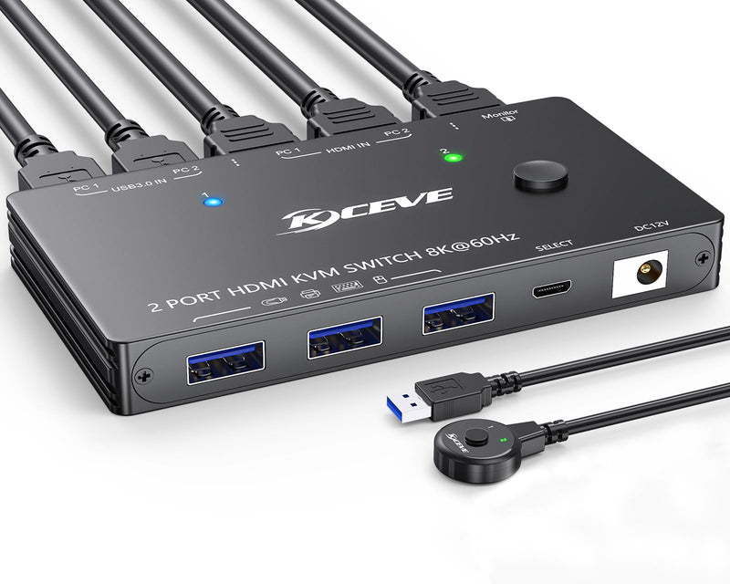 KVM Switch 1 Monitors 2 Computers 8K@60Hz,HDMI USB3.0 KVM Switches with 3 USB 3.0 Port,Wired Remote,Power Adapter and USB3.0 Cables Included Black 12 cm HDMI 2 in 1 Out