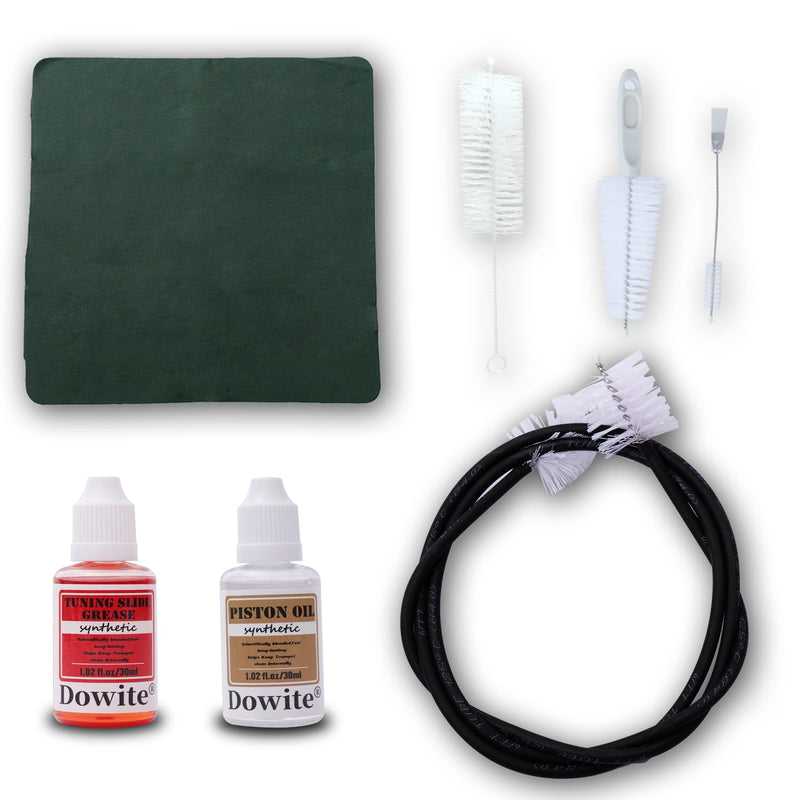 Trumpet(Cornet) Cleaning Care Kit: Valve Oil/Piston Oil, Tuning Slide Grease Oil, Snake Brush, Piston Brush, Mouthpiece Brush, Dust Brush, Cleaning Cloth–for All Musicians or Students