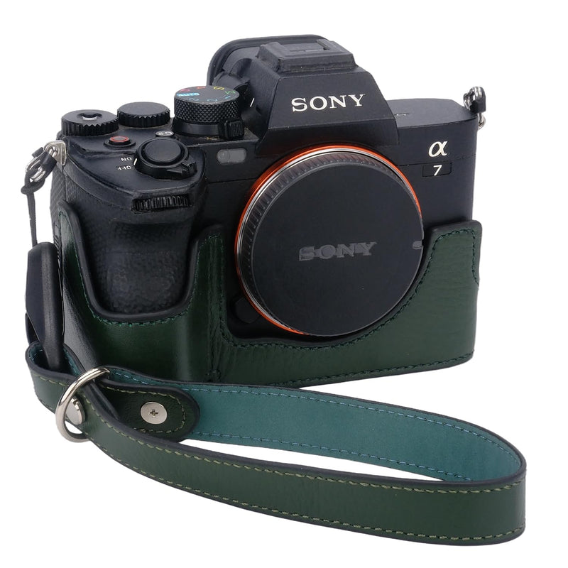 Bowan for Sony A7 Mark IV Camera Case,Handmade Genuine Real Leather Half Camera Case Bag Cover for A7IV A7M IV A7M4 A7 Mark IV A7RV A7R5 Camera Bottom Opening Version + Hand Strap (Green) Green