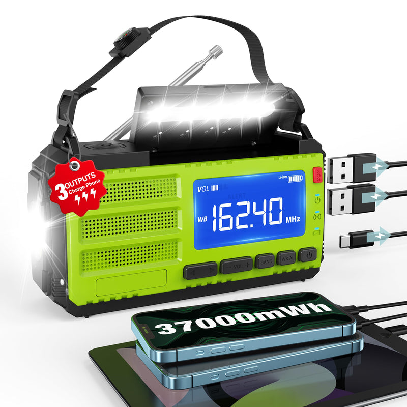 37000mWh Hand Crank Emergency Radio, AM FM NOAA Weather Alert Radio, Portable Solar Radio, 4 Charging Methods, 3-Mode Flashlight, Reading Lamp, SOS Alarm, Phone Charger for Winter Storm Emergency Green