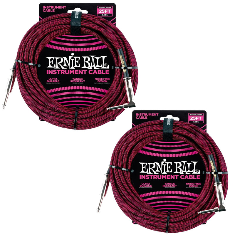 Ernie Ball Braided Instrument Cable Set Straight/Angle Length 25ft in Red/Black (P06062) - Pack of 2