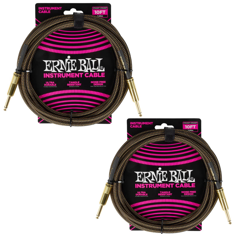 Ernie Ball Braided Instrument Cable Set Straight/Straight Length 10ft in Pay Dirt (P06428) - Pack of 2