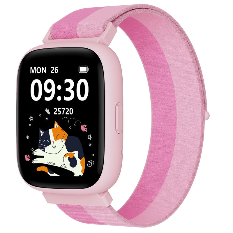 BIGGERFIVE Smart Watch for Kids, 1.8" Fitness Tracker Watch with Pedometer | Heart Rate, Sleep Monitor, IP68 Waterproof, Step Counter, Puzzle Games with/without App for Girls Teens 5-16，Nylon Single Strap Nylonpink