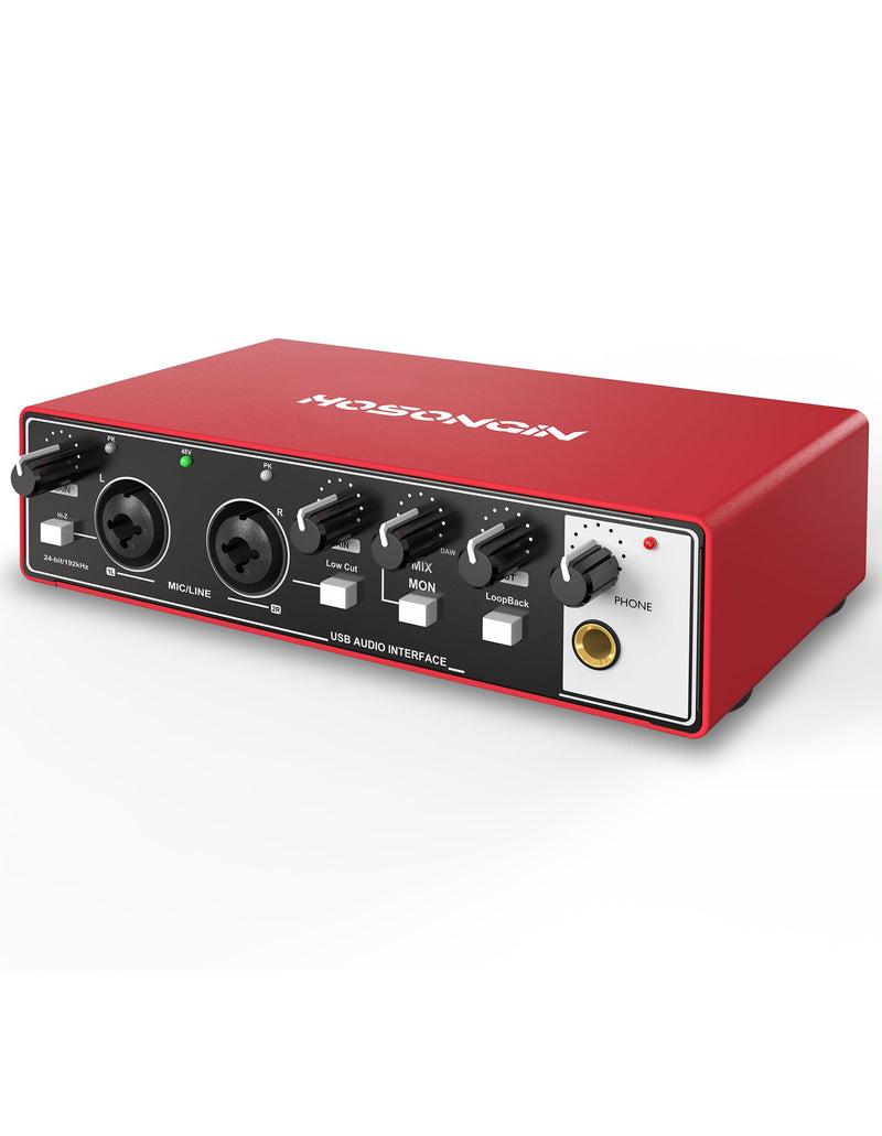 [AUSTRALIA] - HOSONGIN 2i2 USB Audio Interface for Beginners - 24Bit/192kHz, 48V Phantom Power, Plug & Play Recording for Podcast/Vocals/Guitar/Youtube, PC/Mac/iOS Compatible (Red Metal) H-A002 