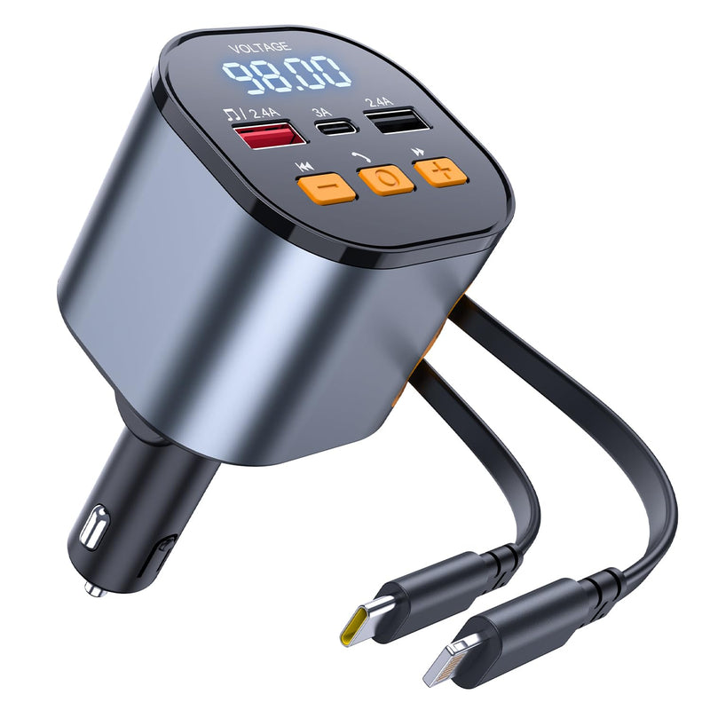 [AUSTRALIA] - [2025 Upgraded] 81W Retractable PD Car Charger with Bluetooth 5.3, FM Transmitter, Hands-Free Calling, MP3 Player, USB & LED Display – USB-C Bluetooth Adapter for All Phones 