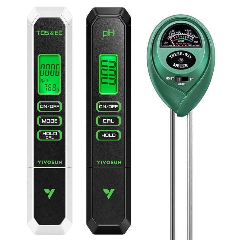 VIVOSUN Digital pH Meter, 3-in-1 TDS/EC/Temperature Meter, 3-in-1 Soil Moisture/pH/Light Tester Combo for Home, Garden and Hydroponics Black-White-Green