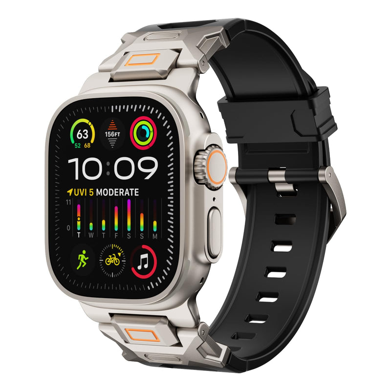 Band for Apple Watch ULTRA 2 & ULTRA - Fluororubber (FKM) Sport Band Metal Connector Band 49mm for Apple Watch Ultra 2/Ultra/Series 10/9/8/7/6/5/4 SE 46mm 45mm 44mm 42mm Rugged Durable Strap Black-Titanium