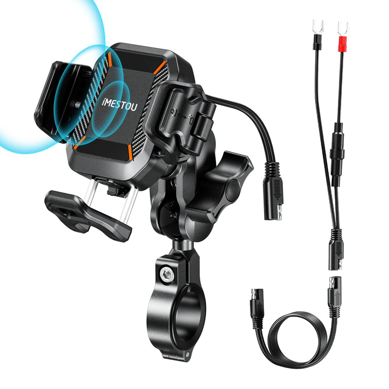 iMESTOU Motorcycle Wireless USB C Phone Mount Anti-Vibration, Anti-Theft 1" Ball Qi Phone Mount Suitable for 5.2"-7.2" Up to 15mm Thick Phones, Fits for 22-32mm Handlebars, Works with 12-24V Vehicles