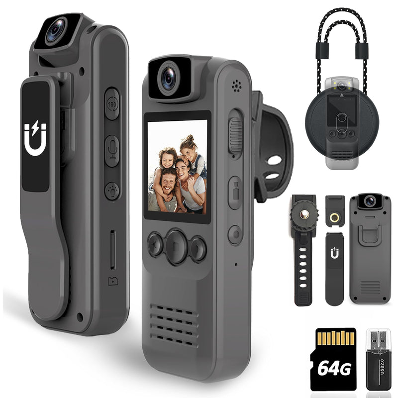 Body Camera with Audio & Video Recording- 64GB 1080P HD Police Cop Cam for Outdoor Law Enforcement Guard Travel Cameras- With Magnetic Clip Flashlight 6HR Battery Recorder (Grey With Lanyard) Grey 64G