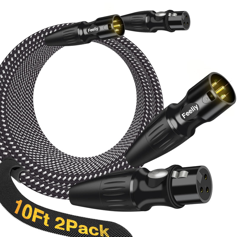 XLR Cables 10 Feet 2 Pack, Nylon Braided Microphone Cable, 3-Pin Gold-Plated Shielded Cord, Professional 22AWG OFC Mic Speaker Cable, Zinc Alloy Connectors 10Ft2Pack