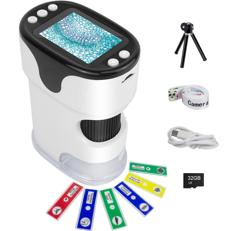 [AUSTRALIA] - 1000X Handheld Digital Microscope for Kids 2'' HD Screen 4K Rechargeable Mini Pocket Microscope with Slide Kit, Microscope Stand, 32G SD Card for Education Gift Age 4-6 8-12 Children 