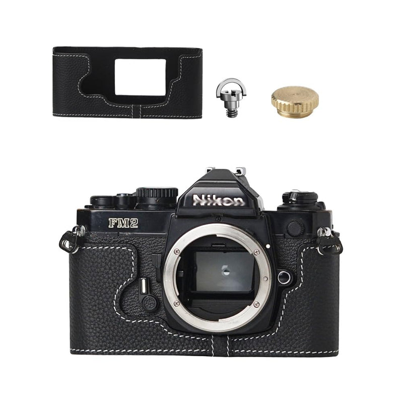 FM2 half case,Handmade Genuine Real Leather Half Camera Case Bag for Nikon FM2 FM2n FE2 (Black) Black