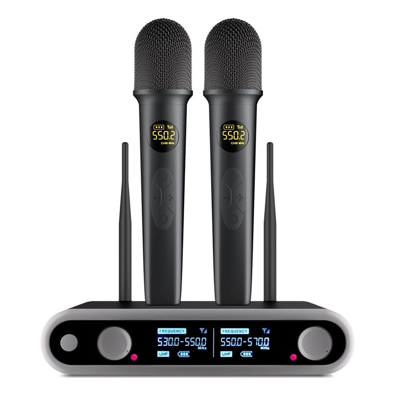 [AUSTRALIA] - NG-88 2-Channel Wireless Microphone System, VHF Fixed Dual Band Wireless Kit with 2 Handheld Dynamic Transmitter Microphones and Receiver Base, for Sing, Wedding, DJ, Party, Black 