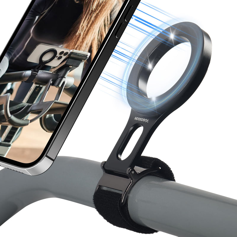 Magnetic Phone Holder for Stroller Bar, Gym Fitness Phone Mount for MagSafe, (Strong Magnet) - 180° Adjustable for Gym, Peloton Exercise Bikes, with Adjustable Strap (Magnetic Ring Included) Black