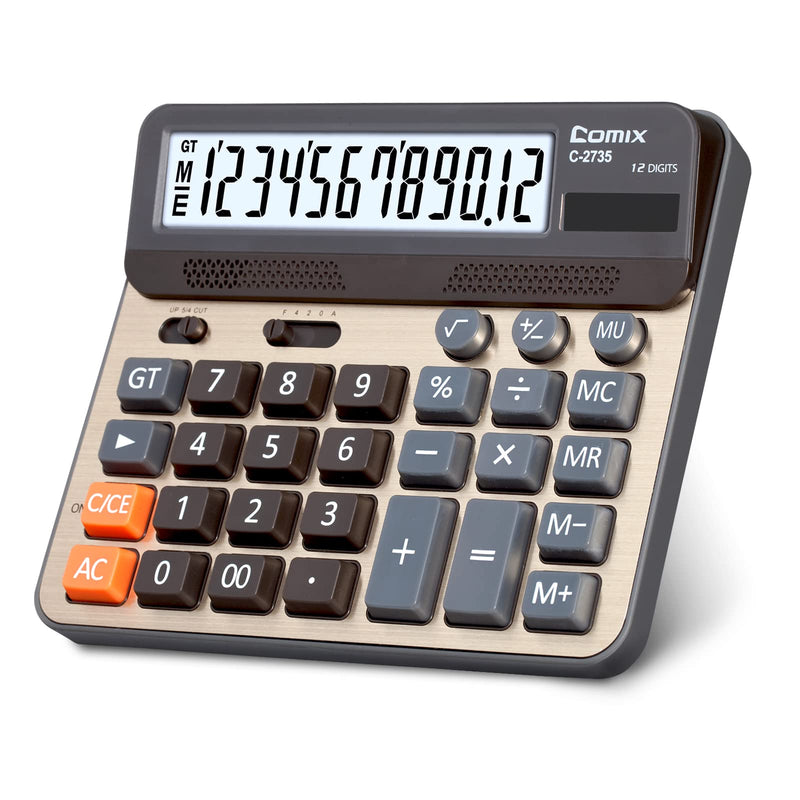 Comix Desktop Calculator, 12 Digits Large Desk Calculator, Gold, 2 Pack | Solar Battery Dual Power, 5 Inch Large LCD Display, Computer Keys, 4 Function Basic Calculator Office Business Home Use
