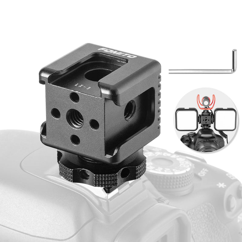 FOMITO 3 Port Cold Shoe Mount with 1/4"-20 Thread for Camea Cage Tripod Grip Flash LED Monitor Microphone