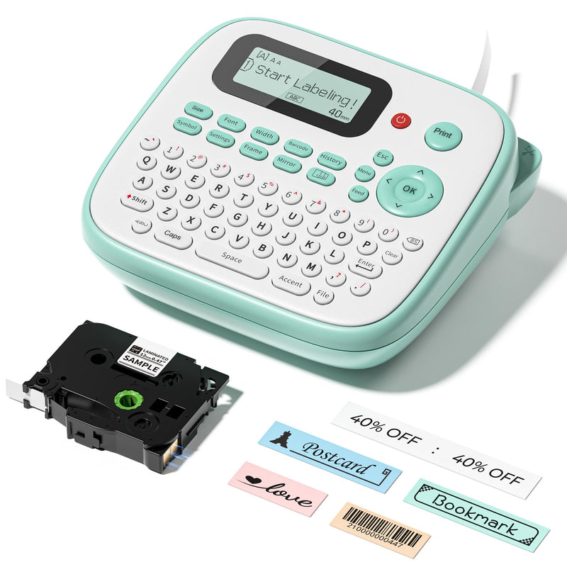 [AUSTRALIA] - Label Maker Machine with Tapes, D210S Label Maker with Keyboard, Handheld Labeler Machine with-Tape 12mm 0.47 Laminated White, Multiple Symbols for Home Office School Kids Use Green 