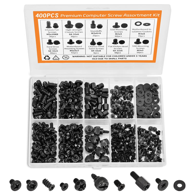 400Pcs Premium Computer Screws Kit for PC, Includes Motherboard Screws, Standoffs, SSD Mounting Screws, PC Case, Fan, and Hard Drive Screws – High-Strength & Durable for Custom Builds and Repairs 400Pcs Computer Screws Kit