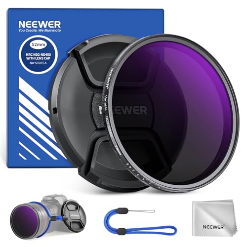NEEWER 52mm ND2-400 (1-9 Stops) Variable ND Filter with Lens Cap, Lanyard, Cleaning Cloth, Precise Neutral Density Adjustment, Fingerprint & Scratch Resistant Multicoated Optical Glass ND2-ND400
