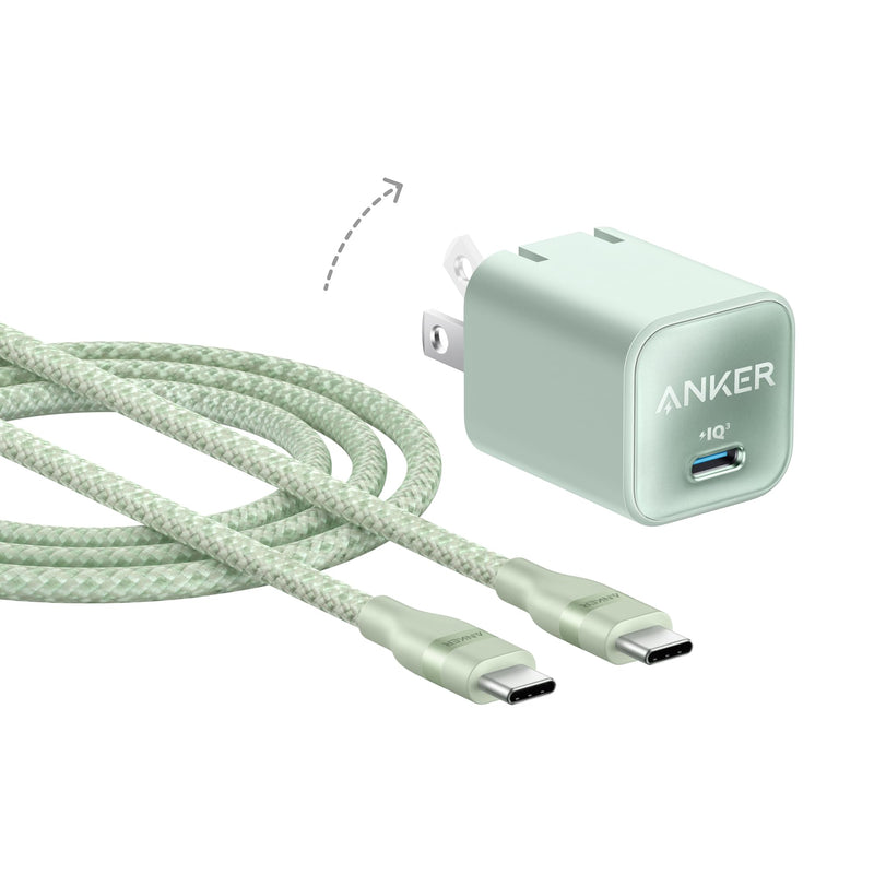 Anker Go Kit, Nano USB-C Cable, 240W Flexible Braided Cord, Nano Charger, 30W USB-C GaN Charger, Fast Charging for iPhone 17 Series, MacBook Pro, and More (Green, 6 ft)