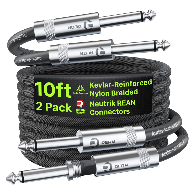 Guitar Cable 10 ft 2 Pack, Nylon Braided Anti-Kinking Kevlar-Reinforced, Neutrik REAN Connector, 20 Gauge 99.99% OFC 1/4 Instrument Cable, AL & OFC Dual Shielded Amp Cord for Fender Electric Guitar 10 ft, 2 Pack Straight, Rean Black