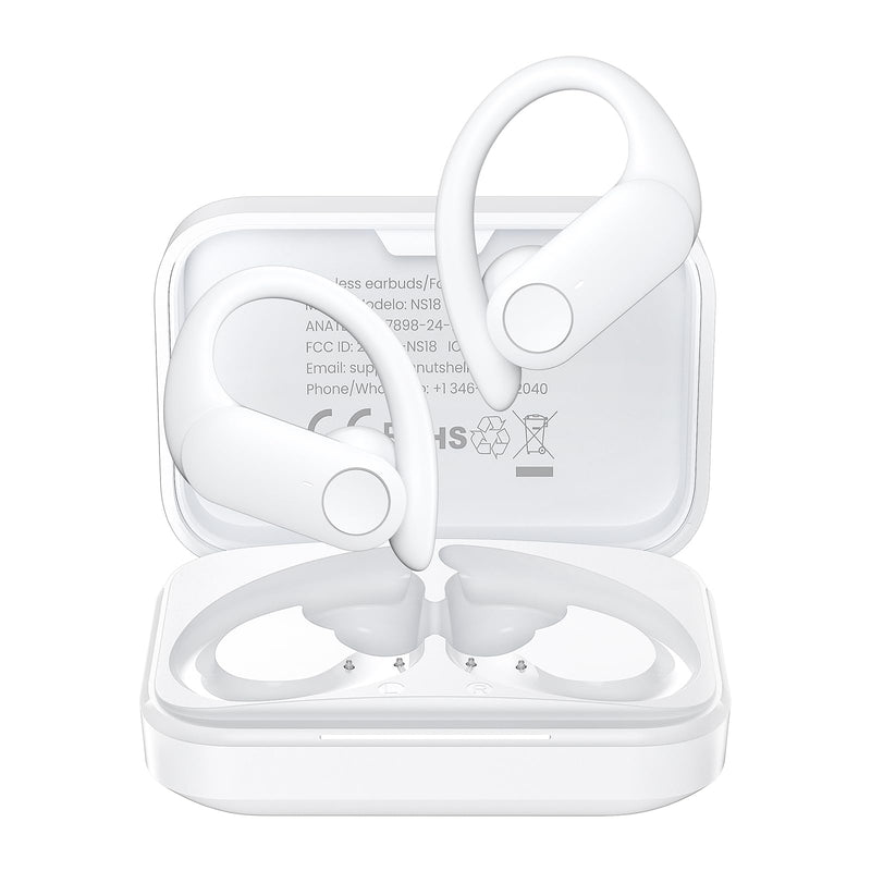 Nutshell NS18 Wireless Earbuds for Sports, 14mm Drivers with Big Bass, 12H Non-stop Playback, Sweat-Resistant, Personalized Equalizer with 4 Preset Sound Modes, Clear Calls, Bluetooth 5.3, APP - White