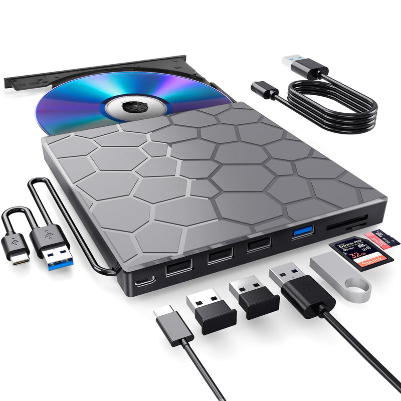 BPAKDU External CD/DVD Drive for Laptop, DVD Player for Laptop, 8 in 1 USB 3.0 Ultra-Slim Portable, CD Burner External Disk Drive Optical Compatible with Desktop Mac,Windows 11/10/8/7 Linux
