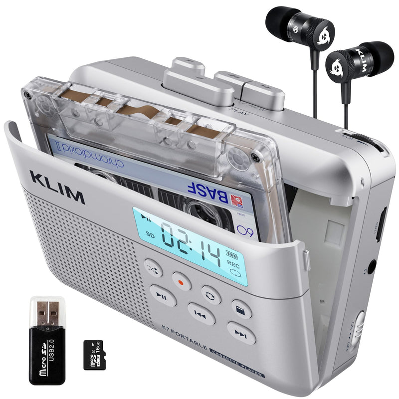 [AUSTRALIA] - KLIM K7 Cassette Tape Player - Cassette to MP3 Converter - Portable - Built-in Microphone & Speaker - Rechargeable Battery - Earphones - 16GB SD Card - Silver 