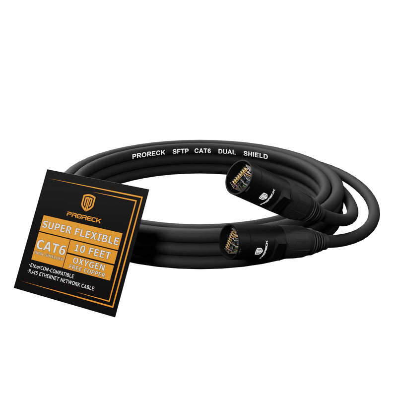 PRORECK SFTP CAT6 Dual Shielded Ethernet Cable with EtherCON RJ45 Connectors,10ft, High-Speed, Ideal for Pro Sound Systems, Studio, and Live Performances (PR-C6B-10) 10 Feet