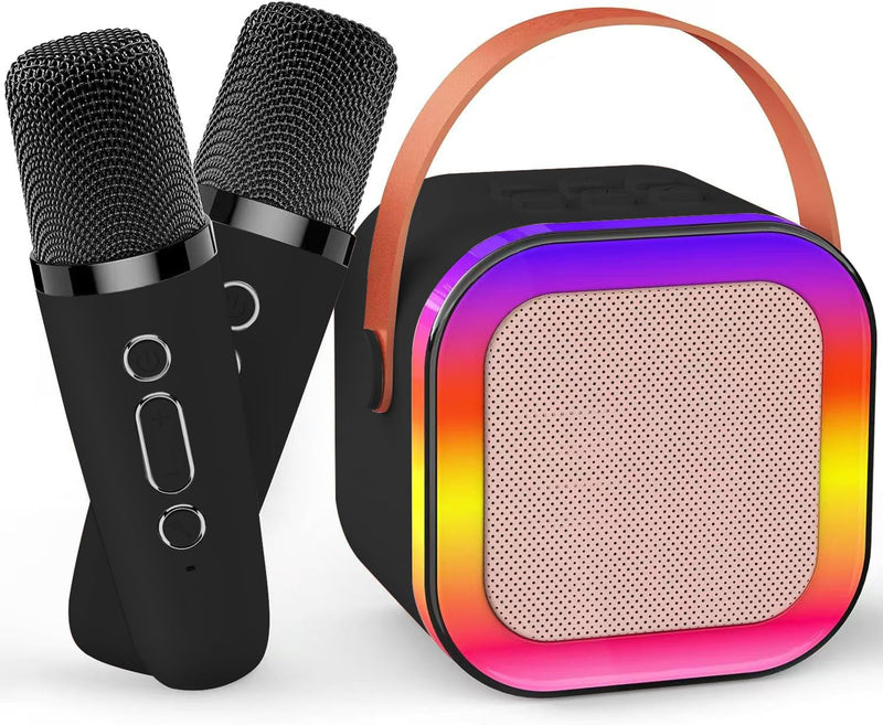 [AUSTRALIA] - Mini Karaoke Machine for Kids Adults, Birthday Easter Gifts Toys for Girls Boys Friends Age 3-12+, Portable Bluetooth Speaker with 2 Wireless Mics and LED Light for Family Home Party(Black) Black 