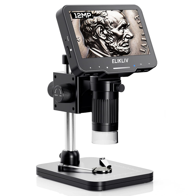 Elikliv EDM4 Max Coin Microscope, 4.3'' LCD Digital Microscope 1000x Coin Magnifier with 8 Adjustable LED Lights, PC View Compatible with Windows/MacBook, Great for Adults and Kids, Collector Black