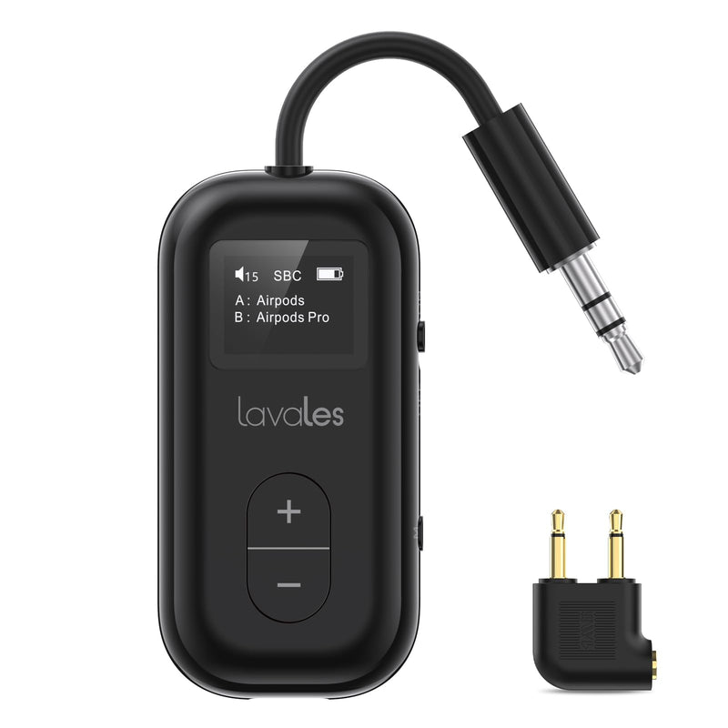 Bluetooth 5.3 Transmitter Receiver for Airplane to 2 Headphone – aptX Low Latency, 100ft Long Range, 35H Playtime, 2-in-1 Wireless Bluetooth Audio Adapter W/Screen for TV, Tablets, Speakers Black
