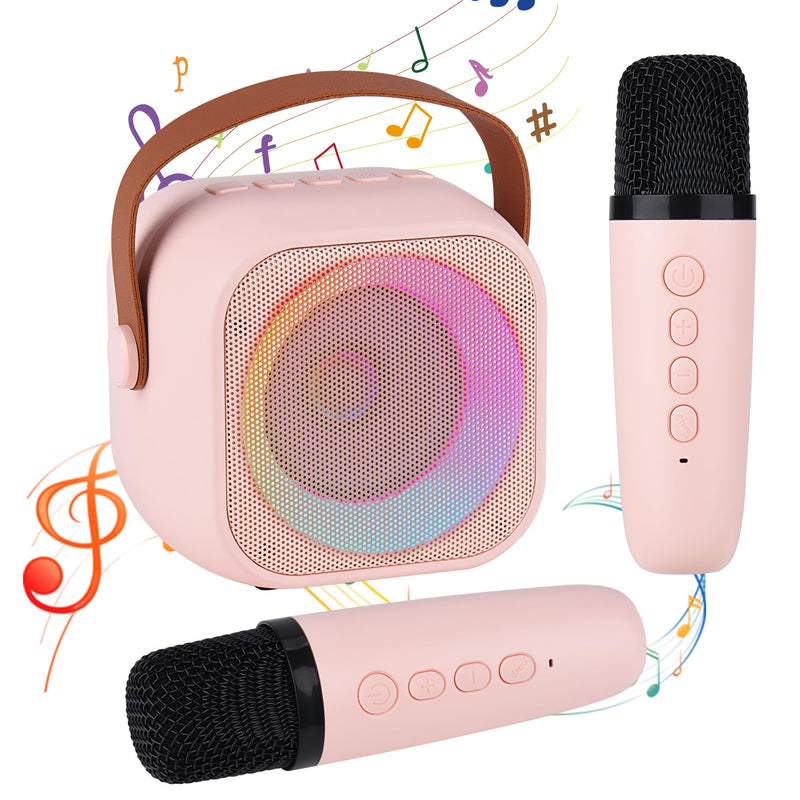 Karaoke Machine for Kids Adults, Mini Portable Bluetooth Karaoke Speaker with 2 Wireless Microphone and Lights,Toys for All Smartphones,Birthday, Family,Home Party Pinkcolor