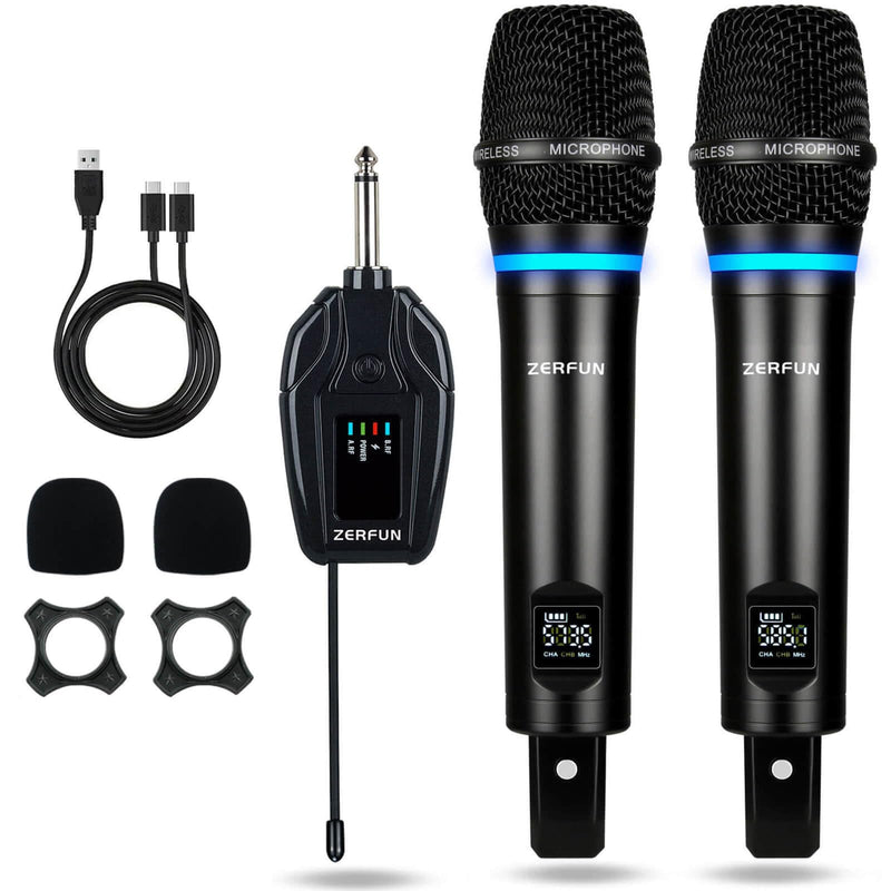 2 Channel Rechargeable Wireless Microphone System, Pro UHF Metal Handheld Wireless Microphones Cordless Mics with Mini Receiver, Channel Control for Karaoke Singing Church Rechargeable WM-2 2 Handheld