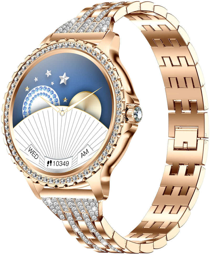 Yihou Luxury Gold Smart Watches for Women, Diamond Round Designer Fitness Tracker Smartwatch for Android iOS Phones with Make/Answer Call Sleep Monitor