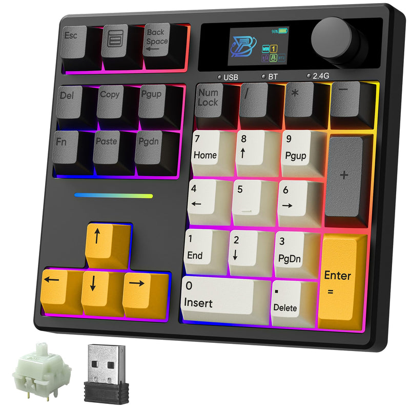 BOYI TD31Pro Mechanical Numpad,Mini Keyboard with Screen&Knob,Bluetooth5.0/2.4G/Type-C Wireless Numeric Keypad,Gasket HotSwap RGB Number Pad,PBT Keycaps Rechargeable Number keypad for PC(Black-Grey) Black-Grey