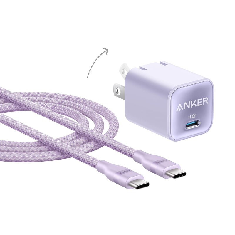 Anker Go Kit, Nano USB-C Cable, 240W Flexible Braided Cord, Nano Charger, 30W USB-C GaN Charger, Fast Charging for iPhone 17 Series, MacBook Pro, and More (Purple, 6 ft