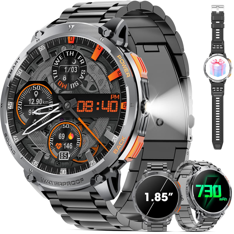 Military Smart Watch for Men 1.85" HD Touch Screen 730mAh Battery Smart Watches with LED Flashlight for Android iOS （Bluetooth Call Answer/Dial Calls） Fitness Tracker with Heart Rate Blood Obsidian Black