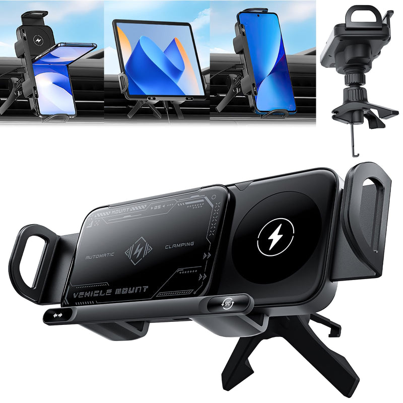 High Intelligent Mobile Phone/Pad Holder, 2 in 1 Auto Rotating Phone Holder, Car Charger Fast Charging, One-Touch Rotatable Car Vent Mount for Smartphone/Pads, Including Foldable Phones (Black)