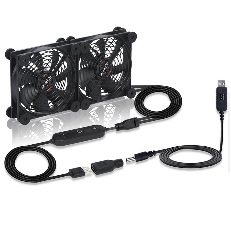 Dual 120mm Fan - 10 Speed USB 5V/DC 12V IPX5 Waterproof, Portable Cooling for Tablet, TV Receiver, Router, DVR, Xbox, Greenhouse, Kennel & PC/Computer Cabinet Component