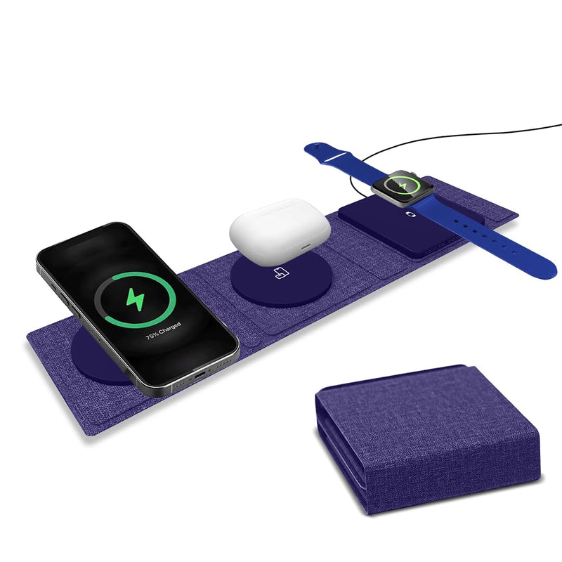 ZTAR 3-in-1 Wireless Travel Charger for iPhone 16/15/14/13/12, Samsung Galaxy with Wireless Capabilities, Earbuds & Apple Watch, Portable Foldable MagSafe Charging Pad for Multiple Devices PURPLE