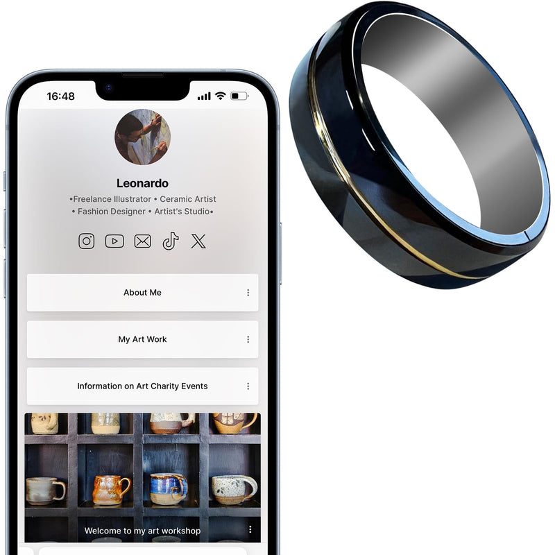 Tungsten Ring Digital Business Card - Waterproof NFC Ring - Social Media Sharing & Instant Contact - Tap to Share NFC - iOS and Android(Gold-#11) #11 Black + Gold